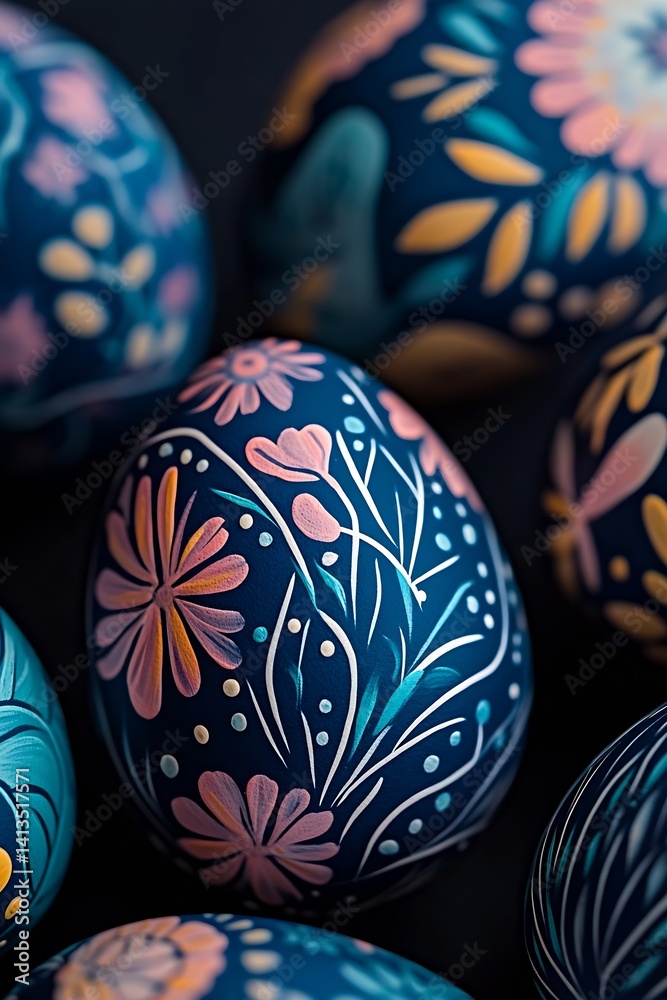 Colorful hand-painted Easter eggs with floral designs against a dark backdrop for a festive touch : Generative AI