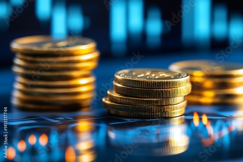 Stacks of golden coins with financial graph in background showcasing growth and investment opportunities : Generative AI