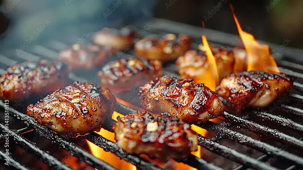 Grilled chicken sizzling on barbecue with flames