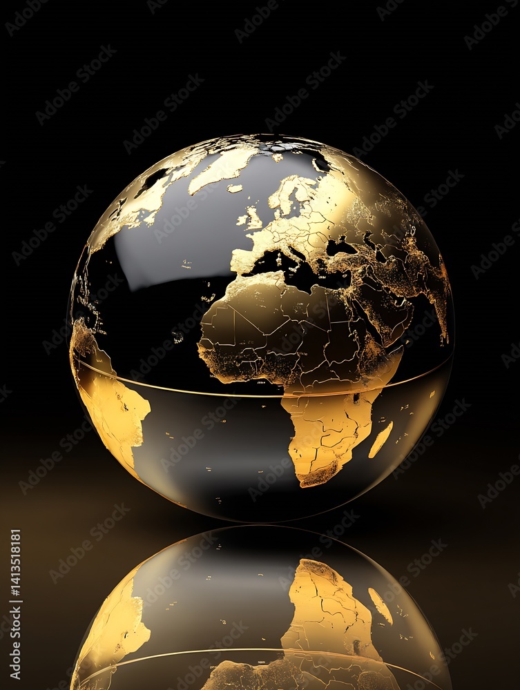 Stylish black and gold globe reflecting Europe and Africa for elegant decor while showcasing our beautiful planet : Generative AI