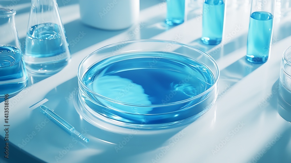 Blue Petri Dish with Liquid Sample on Laboratory Table Surrounded by Glassware and Equipment : Generative AI