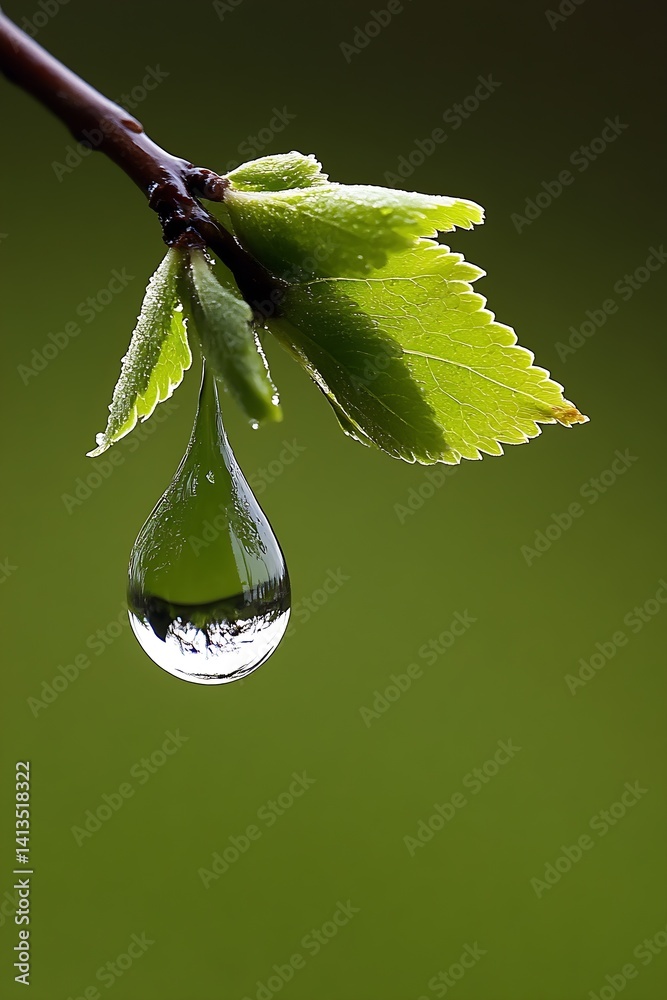 Beautiful close up of a water droplet hanging from a fresh green leaf showcasing nature's beauty : Generative AI
