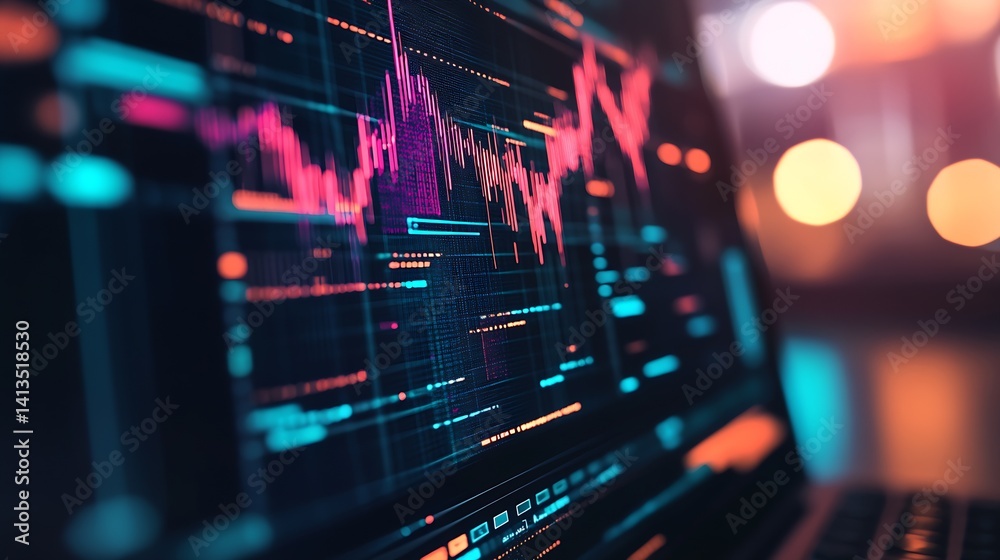 Vibrant stock market graph showing fluctuating data trends on laptop screen in modern setting : Generative AI