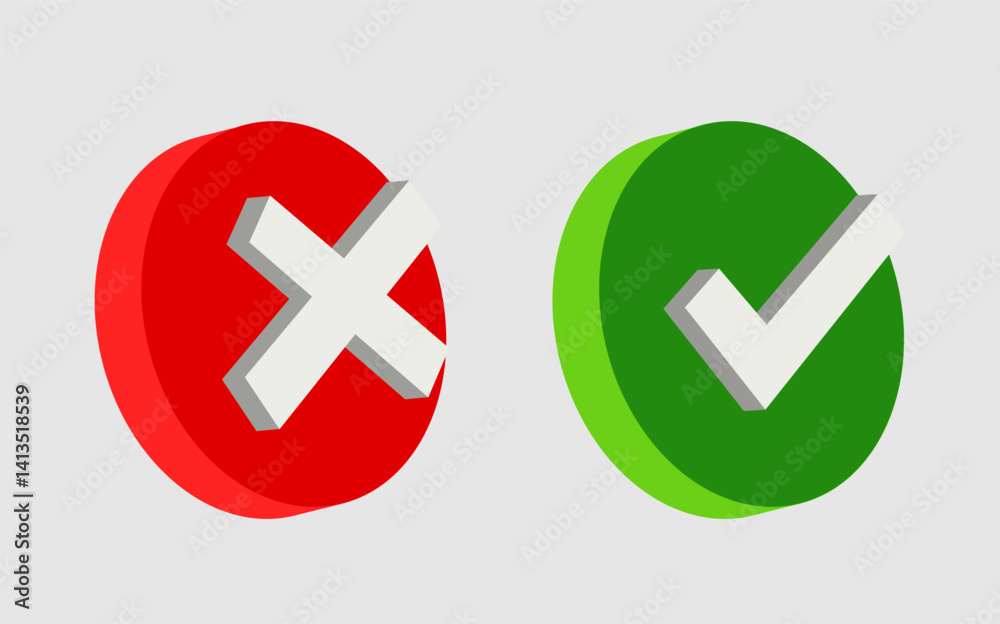 Fototapeta premium Right and wrong 3D Icons acceptance and rejection concept Red and green round icons vector 