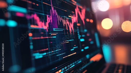Obraz na płótnie Vibrant stock market graph showing fluctuating data trends on laptop screen in modern setting : Generative AI w salonie