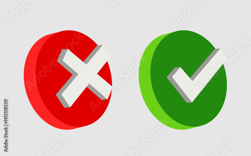 Right and wrong 3D Icons acceptance and rejection concept Red and green round icons vector
