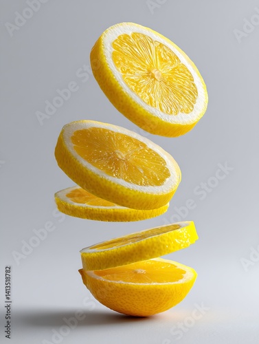 Obraz na płótnie Artistic depiction of floating lemon slices levitating in the air against a plain background : Generative AI w salonie