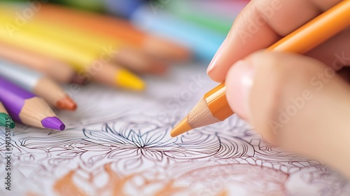 Hand holding an orange colored pencil preparing to fill in intricate mandala design on paper : Generative AI