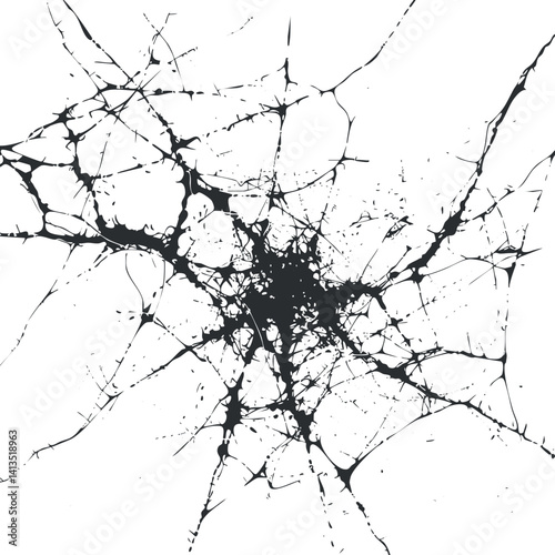 Abstract black ink splash design with chaotic lines and textures on a white background.