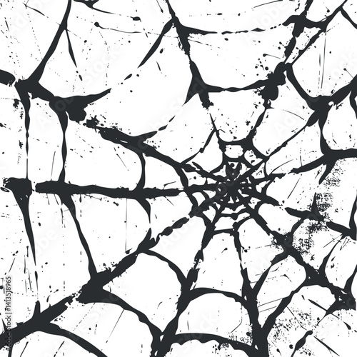 An artistic black and white illustration of a spider web with intricate detailing.