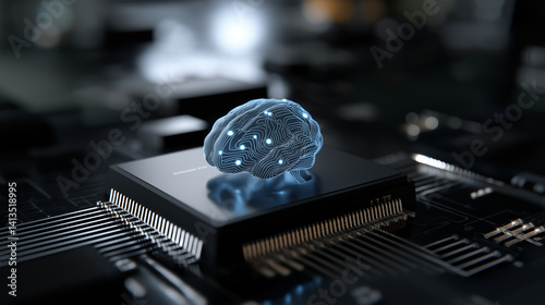 Glowing Blue Brain-Shaped Circuit on Black Microchip Technology photo