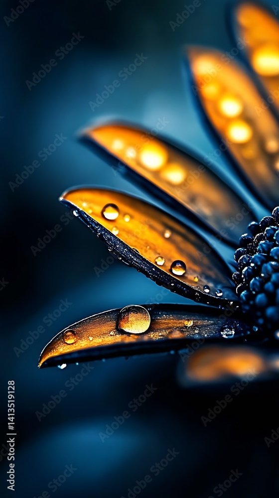 Close-Up of Bright Yellow Flower Petals Glistening with Water Drops in a Beautiful Blue Background : Generative AI