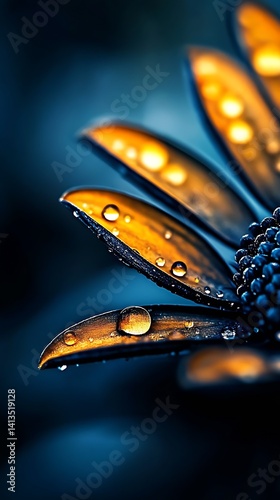 Obraz na płótnie Close-Up of Bright Yellow Flower Petals Glistening with Water Drops in a Beautiful Blue Background : Generative AI w salonie