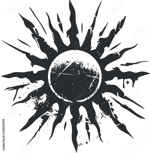 An abstract sunburst design featuring a central circle with spiky rays and a textured finish.