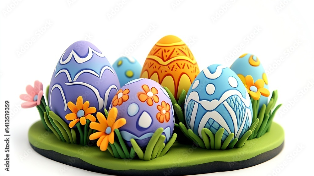 Colorful handmade easter eggs with intricate designs surrounded by vibrant flowers on a lush grass base : Generative AI