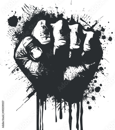 A bold illustration of a raised fist surrounded by ink splashes symbolizing strength and solidarity.