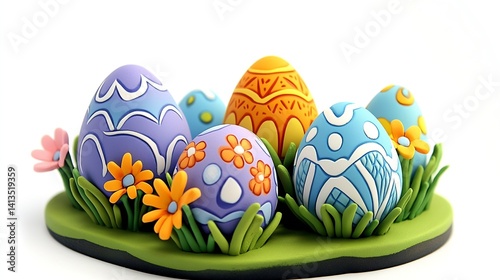 Obraz na płótnie Colorful handmade easter eggs with intricate designs surrounded by vibrant flowers on a lush grass base : Generative AI w salonie