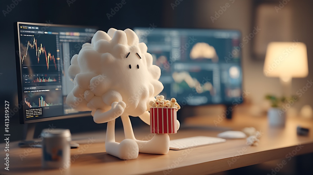 Cute fluffy character enjoying popcorn while watching stock market charts on dual monitors : Generative AI