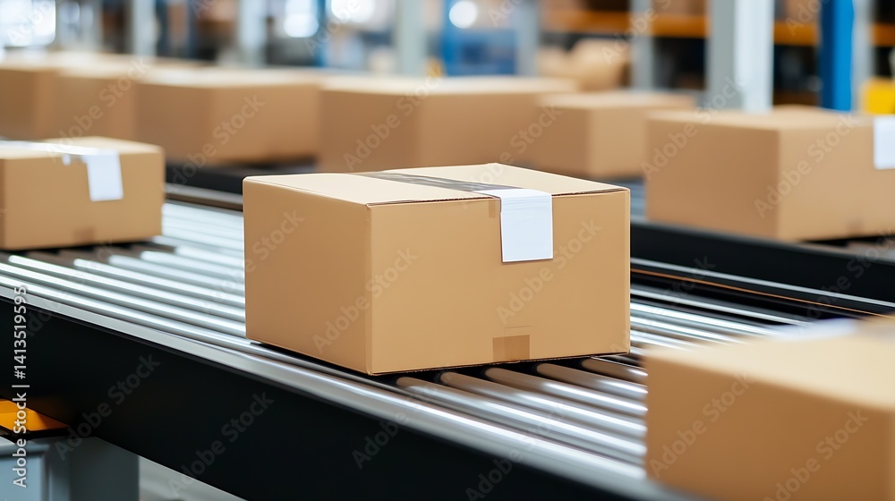 Cardboard boxes moving on a conveyor belt in a modern warehouse environment for efficient logistics : Generative AI