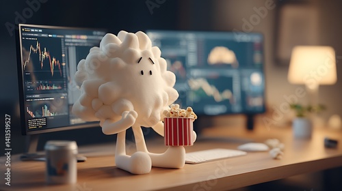 Obraz na płótnie Cute fluffy character enjoying popcorn while watching stock market charts on dual monitors : Generative AI w salonie
