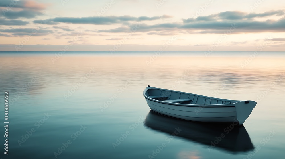 Serene landscape of a lone white boat floating gracefully on calm waters during a peaceful sunset : Generative AI