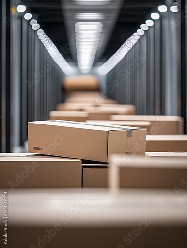 Corridor of neatly arranged cardboard boxes in a logistics facility indicating efficient storage and delivery : Generative AI