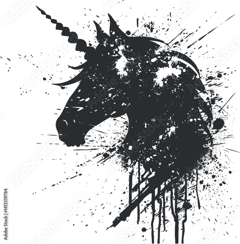 A bold black silhouette of a unicorn's head with artistic splatter effects.