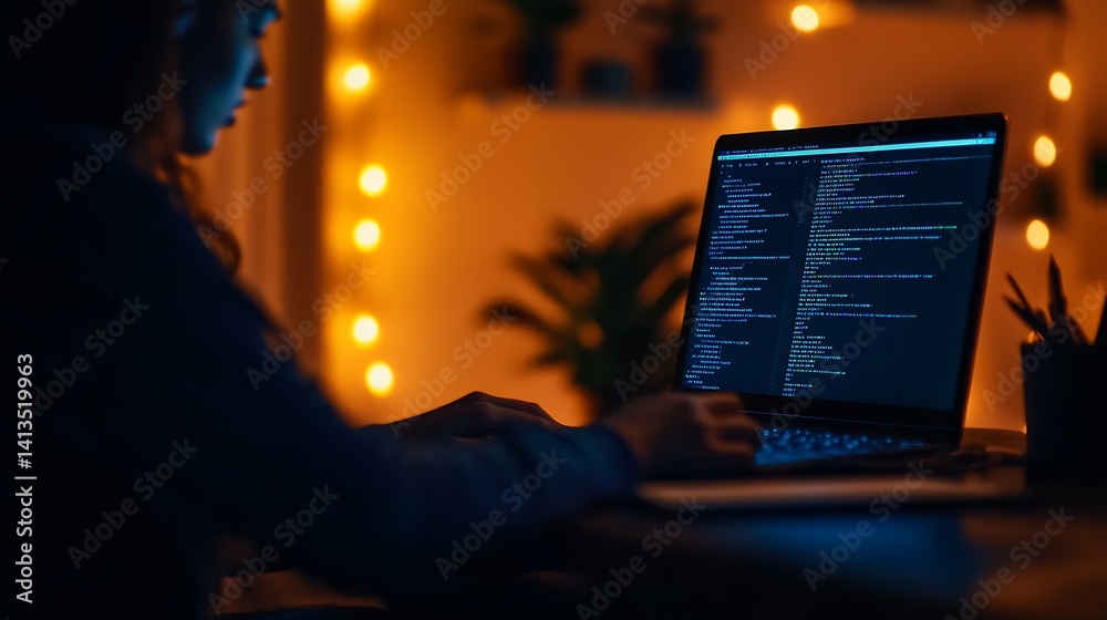 Focused individual coding on laptop in dimly lit room adorned with decorative lights : Generative AI