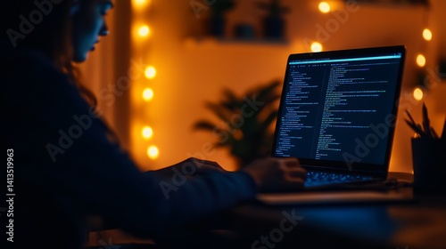 Focused individual coding on laptop in dimly lit room adorned with decorative lights : Generative AI