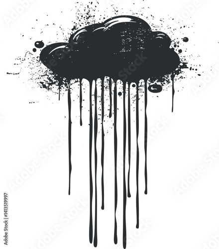 A dark grunge illustration of a cloud with rain drips creating an artistic effect.