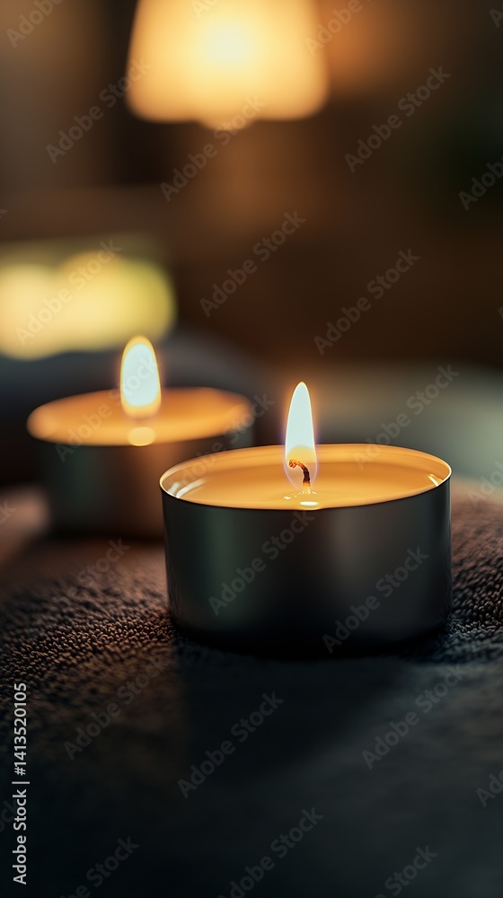 Serene Atmosphere of Relaxation with a Close-Up of Flickering Candles on a Soft Surface : Generative AI