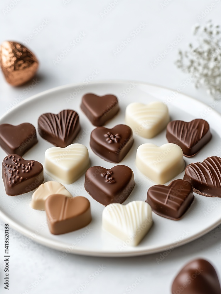 Assorted gourmet chocolate hearts arranged artfully on a white plate for a delightful dessert display : Generative AI