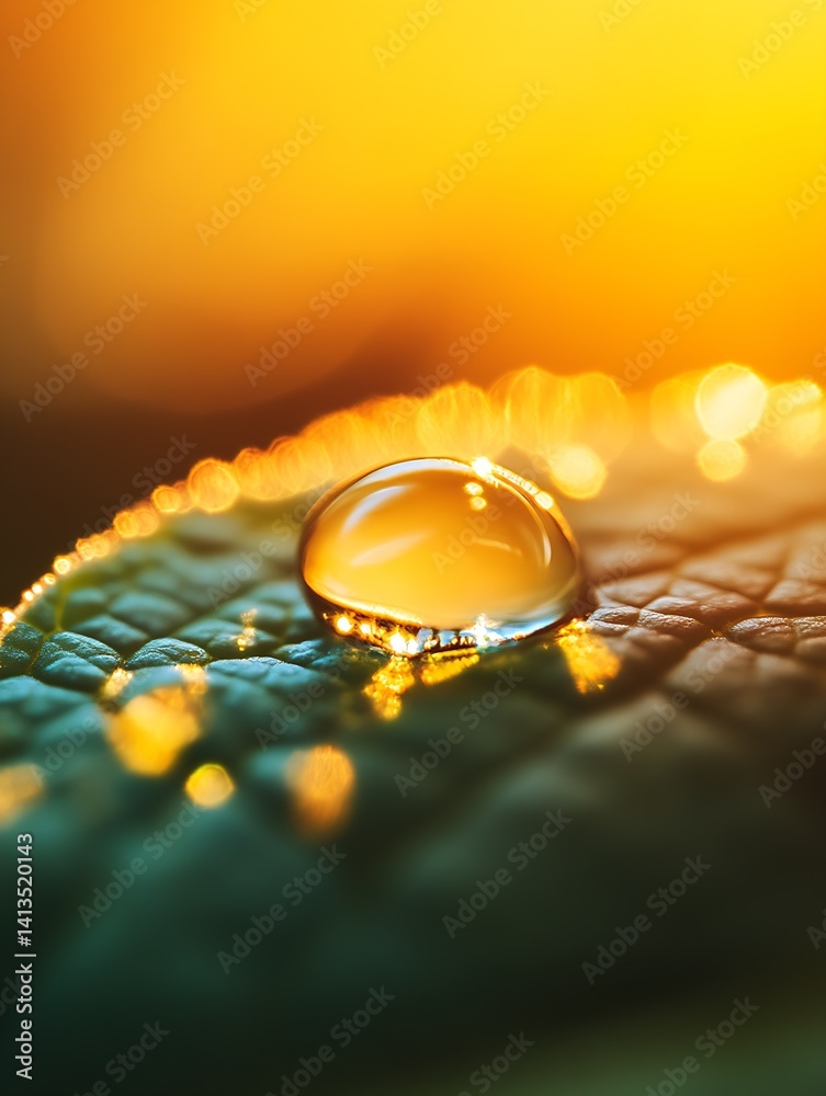 Close-up of a dewdrop resting on a green leaf capturing warm sunlight in its reflection : Generative AI