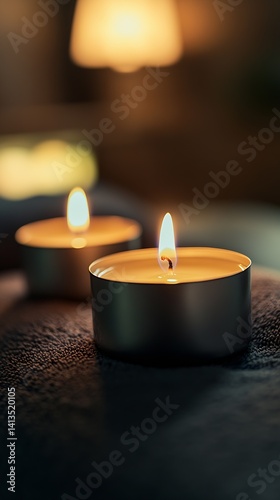 Obraz na płótnie Serene Atmosphere of Relaxation with a Close-Up of Flickering Candles on a Soft Surface : Generative AI w salonie