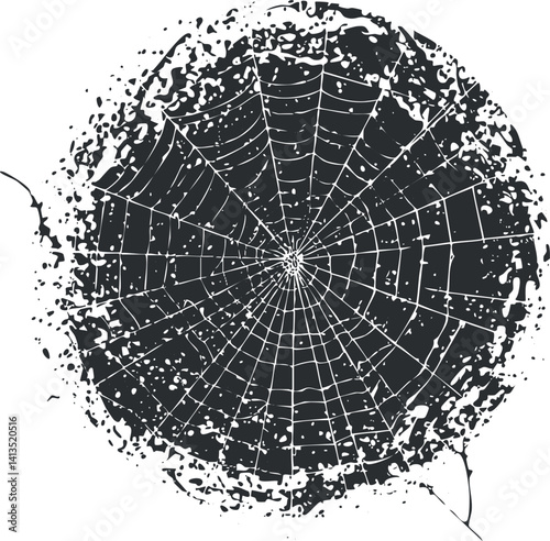 A detailed black and white illustration of a spider web with intricate patterns.