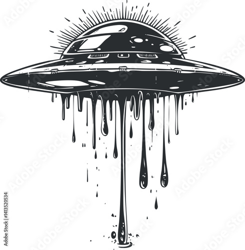 A detailed illustration of a UFO with a unique dripping effect, embodying science fiction themes.