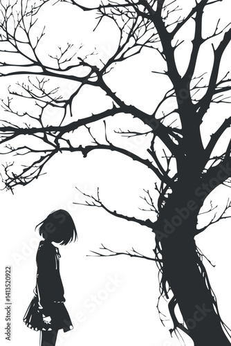 A silhouette of a girl standing beside a bare tree, evoking feelings of loneliness and reflection.