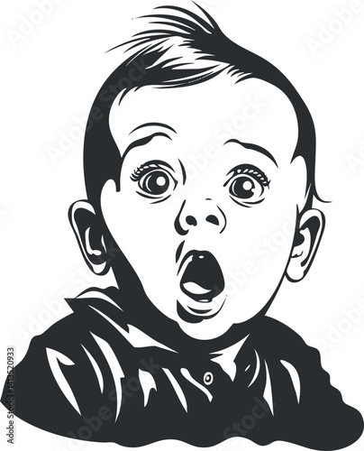 A surprised baby with a shocked expression showcasing innocence and curiosity in a monochrome illustration.