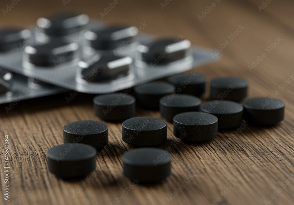 Black Tablets and Medicine Packaging on Wooden Surface. Dark pills scattered near blister pack depict pharmaceutical products and health supplements Black Tablets and Medicine Packaging on Wooden Surface. Dark pills scattered near blister pack depict pharmaceutical products and health supplements