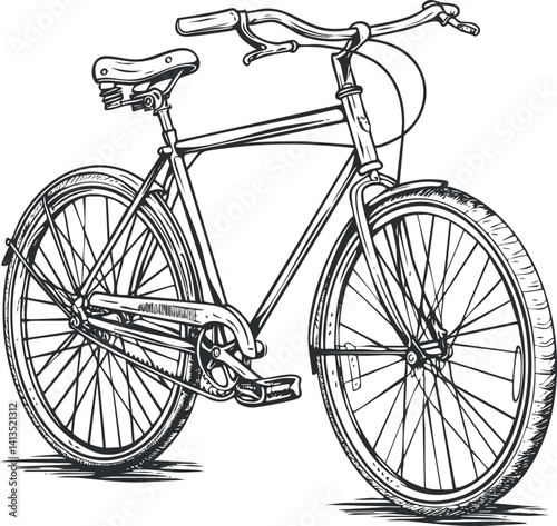 A detailed line art illustration of a classic bicycle showcasing its design and features.
