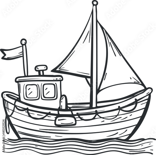 A hand drawn illustration of a fishing boat with a sail on the ocean waves.