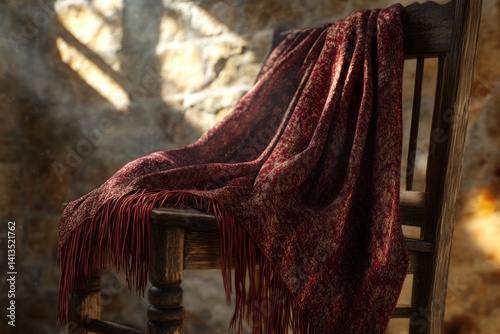 A maroon shawl with golden flecks draped elegantly on a rustic wooden chair, bathed in sunlight.