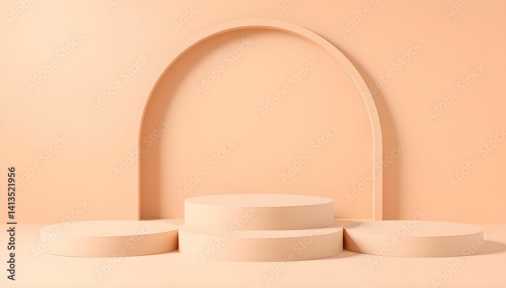 Minimalist geometric podium, circular arch, soft peach background, matte finish, product display platform, abstract shapes, subtle shadows Minimalist geometric podium, circular arch, soft peach background, matte finish, product display platform, abstract shapes, subtle shadows