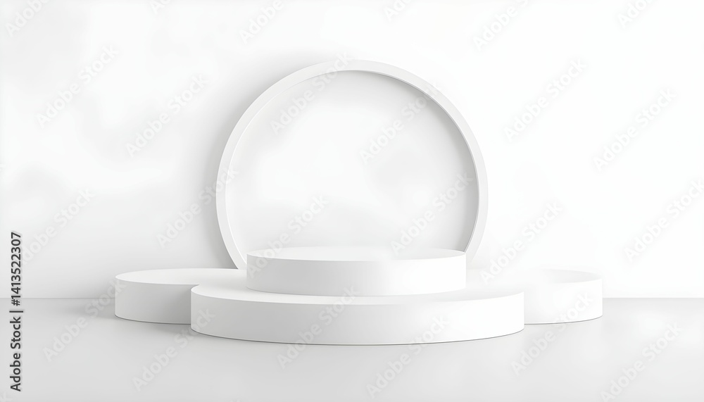 minimalist white podium, circular arch backdrop, clean geometric shapes, monochromatic, soft lighting, product display stage, futuristic architecture minimalist white podium, circular arch backdrop, clean geometric shapes, monochromatic, soft lighting, product display stage, futuristic architecture