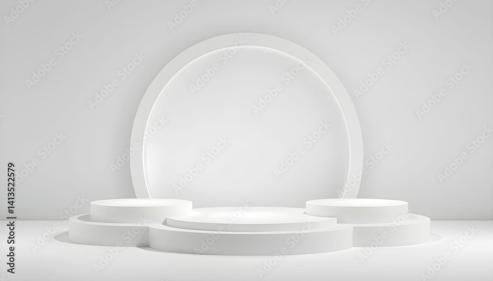 White minimalist podium, circular platform, geometric shapes, soft shadows, clean aesthetic, matte finish, subtle texture, monochromatic White minimalist podium, circular platform, geometric shapes, soft shadows, clean aesthetic, matte finish, subtle texture, monochromatic