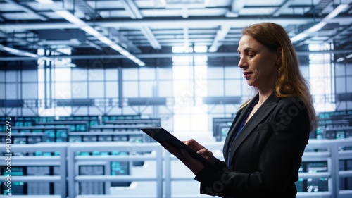 System administrator doing yearly maintenance using tablet to prolong data center equipment life span. IT expert in server hub workplace monitoring supercomputers using digital device, camera B