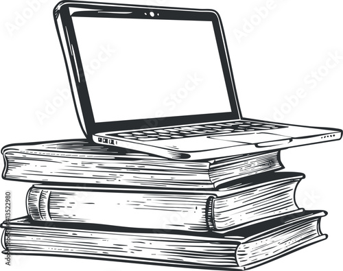 A laptop placed on a stack of books representing the blend of technology and education.