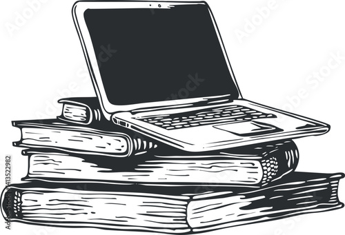 A laptop placed on a stack of books symbolizing the blend of technology and education