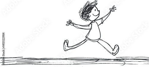A joyful stick figure child running freely, embodying happiness and carefree childhood spirit.