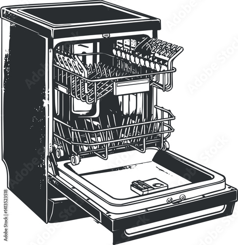 Illustration of an open dishwasher showcasing its interior and racks for cleaning dishes and utensils.